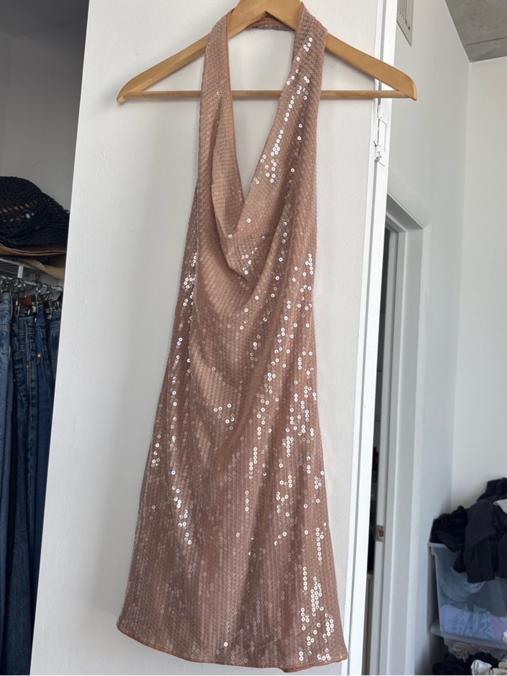 Sequin Halter Slip Dress in Blush Pink